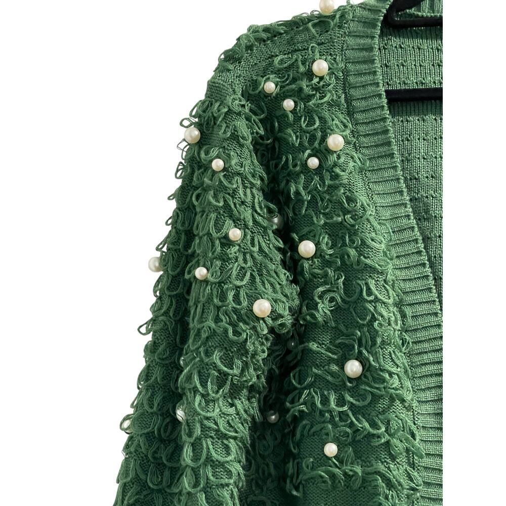 Mighty Fine Green Dress Cropped Cardigan Loop & Pearl Embellishments M-Holiday - Picture 4 of 11